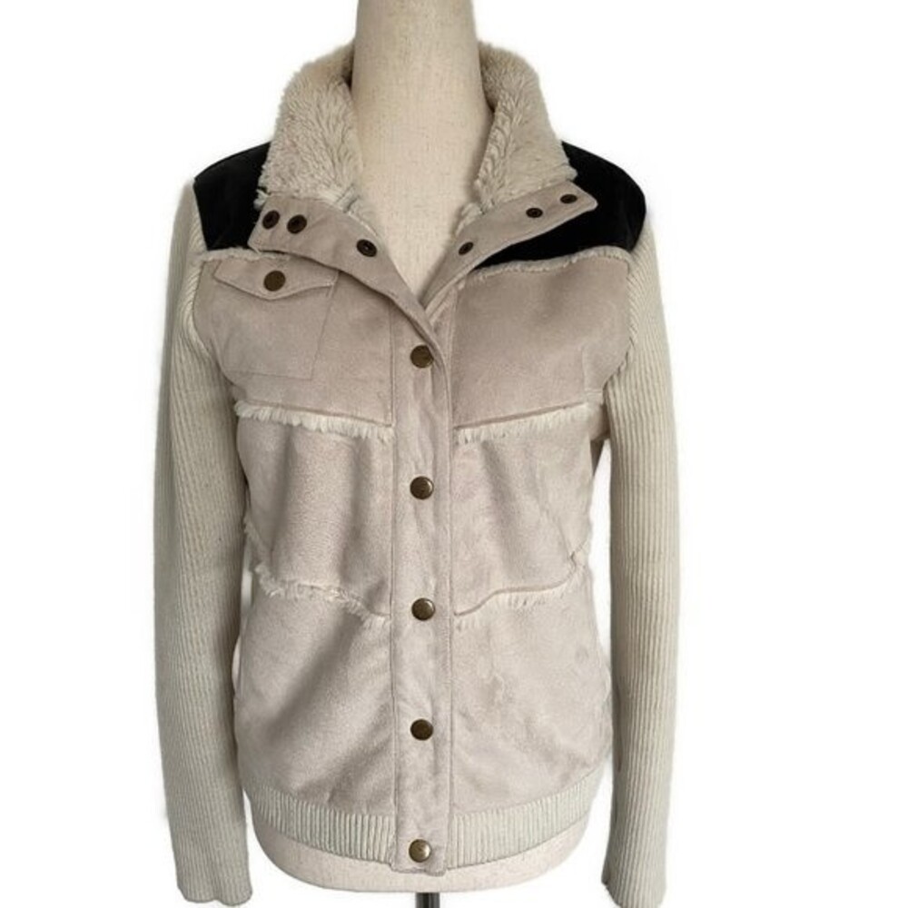 Chasor Faux Shearling Leather Sweater Jacket Knit Sleeve Ivory Choc Black Size M